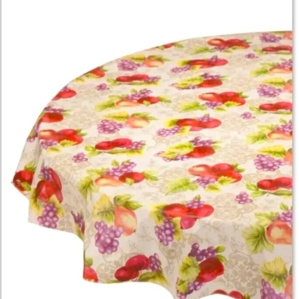 Harvest Fruit Vinyl Table Cover Apple Grapes Pears Wipes Clean 70" Round New